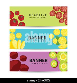 Trois bannières horizontales avec des compositions colorées de fruits et légumes frais entiers et hachés Illustration de Vecteur