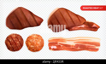 Viande rôtie réaliste avec des images de steaks avec des tranches de saucisse et du bacon sur fond transparent illustration vectorielle Illustration de Vecteur