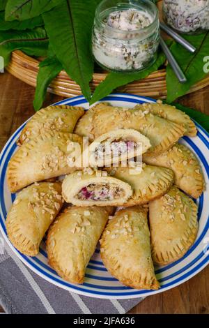 Cuisine souabe, copieuse Krapfen Kraepfle avec du sorrel commun (Rumex acetosa), des croissants remplis, copieuse, salée, à croûte courte, du four, cuire, pâtisserie Banque D'Images