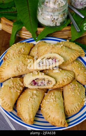 Cuisine souabe, copieuse Krapfen Kraepfle avec du sorrel commun (Rumex acetosa), des croissants remplis, copieuse, salée, à croûte courte, du four, cuire, pâtisserie Banque D'Images