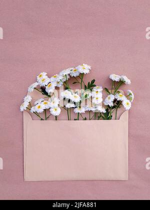 Carte postale minimaliste mignonne avec un bouquet de pâquerettes blanches luxuriantes. Banque D'Images