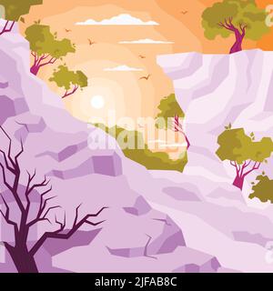 Paysage couleur plat composition avec coucher de soleil ou lever de soleil dans la jungle parmi les sommets de montagne illustration vectorielle Illustration de Vecteur