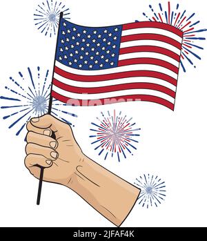 Drapeau américain à main avec illustration vectorielle Fireworks Illustration de Vecteur