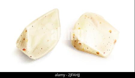 Blocs ou morceaux de triangles de fromage frais isolés sur fond blanc. Ensemble vectoriel réaliste de morceaux de fromage blanc doux aux épices, morceaux de tomat rouge Illustration de Vecteur