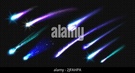 Comètes volantes, astéroïdes ou météores avec piste de flamme isolée sur fond transparent. Ensemble vectoriel réaliste de météorites luminescentes de l'espace Illustration de Vecteur