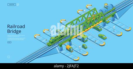 Bannière de pont de chemin de fer avec train de marchandises isométrique avec locomotive, chars et plates-formes sur viaduc au-dessus de l'autoroute avec voitures, bus et balai. Post vectoriel Illustration de Vecteur