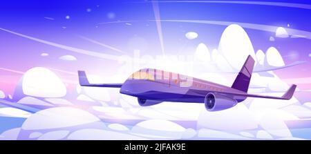 Avion voler dans le ciel au-dessus des nuages blancs et du soleil. Concept de vol d'avion passager, voyage, aviation commerciale. Illustration de dessin animé vectoriel de Illustration de Vecteur