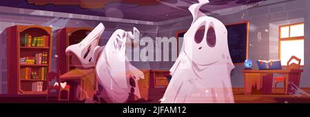Fantômes effrayants dans la salle de classe de l'école de magie ancienne. Arrière-plan Halloween avec des esprits effrayants. Illustration vectorielle de l'intérieur hanté de la classe abandonnée Illustration de Vecteur