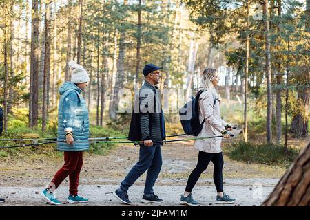 Trois personnes avec sac à dos font de la marche scandinave, tenir des bâtons de trekking comme groupe d'équipe dans la forêt. Éducation à l'exercice Banque D'Images