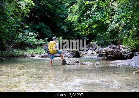 Garçon debout au milieu de la crique iska tout en randonnée dans la gorge Iški vintgar dans les environs de la Ljubljana, capitale de la Slovénie. Banque D'Images