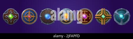 Boucliers ronds médiévaux fantaisie. Armure en métal et en bois de viking, de chevalier et de guerrier. Icônes de dessin animé vecteur ensemble de cercles de bois boucliers avec cadre en acier Illustration de Vecteur