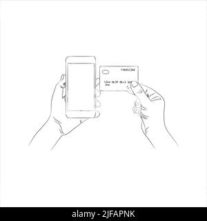 Smartphone à portée de main avec carte. Main tenant le smartphone et la carte de crédit. Concept de paiement en ligne. Homme détenant un compte carte de crédit et un compte chèques par téléphone Bala Illustration de Vecteur