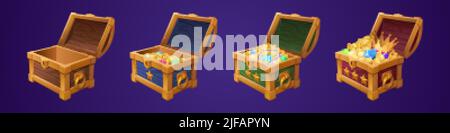 Coffres avec Trésor, vide et plein de boîte en bois avec pièces de monnaie d'or, pierres de pierres de pierres précieuses ou des cristaux. Trunks de trophée, récompense de niveau de jeu. Pirate loot, fantasy asse Illustration de Vecteur