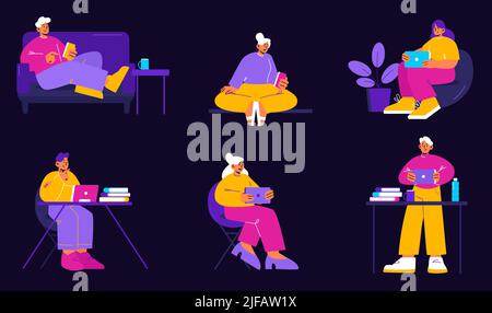 Ensemble de personnes avec des gadgets à la maison et au bureau. Les hommes et les femmes qui utilisent un smartphone, une tablette et un ordinateur portable travaillent, appellent, envoient des messages, discutent, envoient des SMS, lecture n Illustration de Vecteur