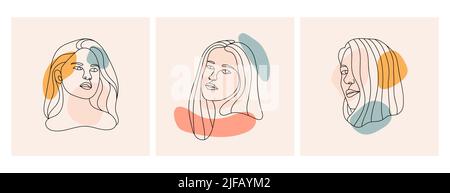 Illustration vectorielle du visage abstrait de la femme à la main, avec des lignes noires et des formes abstraites tendance. Utilisation de couleurs pastel Illustration de Vecteur