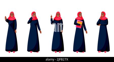 Jeune femme heureuse arabe en vêtements traditionnels dans différentes poses isolées sur fond blanc. Illustration de caractères de dessin animé plats vectoriels. MU arabe Illustration de Vecteur