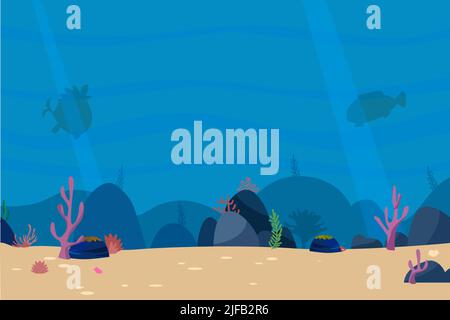 illustration vectorielle de paysages sur le fond marin avec plantes marines et rochers et silhouettes de poissons de mer mignons Illustration de Vecteur