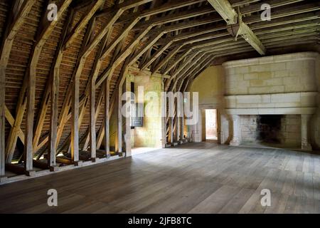 France, dordogne, Périgord Vert, Villars, château de Puyguilhem, les poutres en chêne dans la coque renversée en forme de bateau Banque D'Images