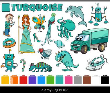 Ensemble d'illustrations de dessins animés avec des personnages de bandes dessinées tels que des personnes et des animaux ou des objets en turquoise Illustration de Vecteur