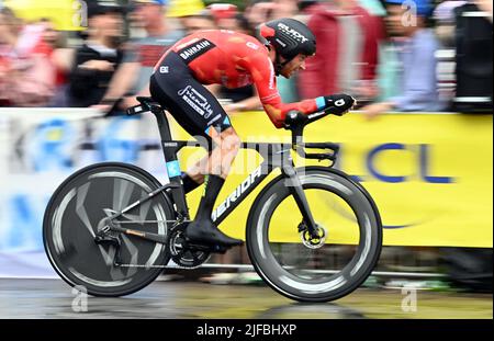 Italien Damiano Caruso de Bahreïn victorieux en action pendant la première étape de la course cycliste Tour de France, un essai individuel de 13 km dans et autour de Copenhague, Danemark, vendredi 01 juillet 2022. Le Tour de France de cette année a lieu du 01 au 24 juillet 2022 et commence par trois étapes au Danemark. BELGA PHOTO DAVID STOCKMAN Banque D'Images