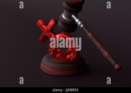 La notion de violation des droits des femmes. Le gavel du juge frappe le signe de la femme. Roe contre Wade. 3D rendu. Banque D'Images