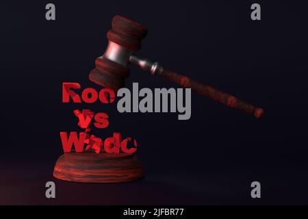 La notion de violation des droits des femmes. Le gavel du juge frappe l'inscription - Roe vs Wade. 3D rendu. Banque D'Images