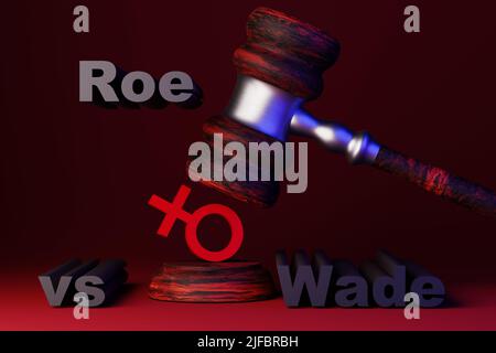 La notion de violation des droits des femmes. Le gavel du juge frappe le signe de la femme. Roe contre Wade. 3D rendu. Banque D'Images