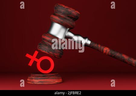 La notion de violation des droits des femmes. Le gavel du juge frappe le signe de la femme. Roe contre Wade. 3D rendu. Banque D'Images