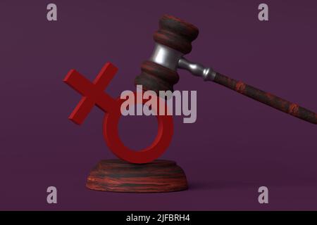 La notion de violation des droits des femmes. Le gavel du juge frappe le signe de la femme. Roe contre Wade. 3D rendu. Banque D'Images