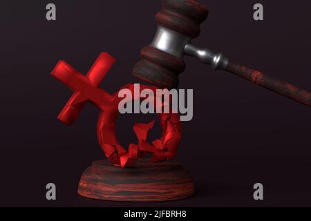 La notion de violation des droits des femmes. Le gavel du juge frappe le signe de la femme. Roe contre Wade. 3D rendu. Banque D'Images