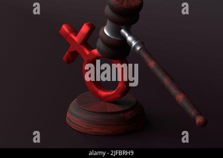 La notion de violation des droits des femmes. Le gavel du juge frappe le signe de la femme. Roe contre Wade. 3D rendu. Banque D'Images