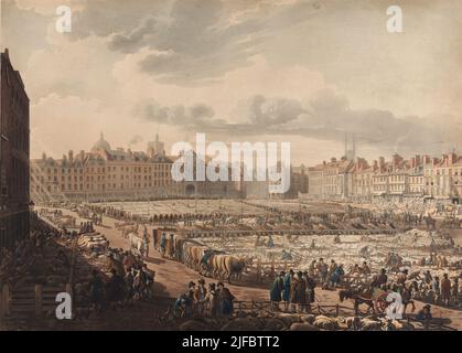 Une vue panoramique sur le marché Smithfield, prise de l'Ours & Ragged Staff, 1 janvier 1811 artiste : Thomas Rowlandson (1756-1827) artiste anglais et caricaturiste de l'ère géorgienne. Observateur social, il était un artiste prolifique et un imprimeur. Crédit : Thomas Rowlandson/Alamy Banque D'Images