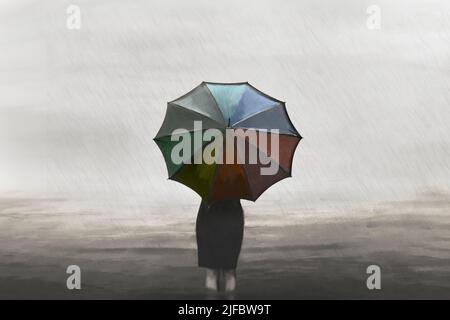 femme d'affaires sous la pluie avec un parapluie coloré Banque D'Images