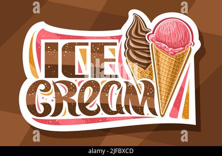 Logo Vector pour Ice Cream, panneau d'affichage en papier découpé décoratif avec illustration de deux crèmes glacées de variété dans des cônes alvéolés, panneau d'affichage blanc pour enfants café WIT Illustration de Vecteur