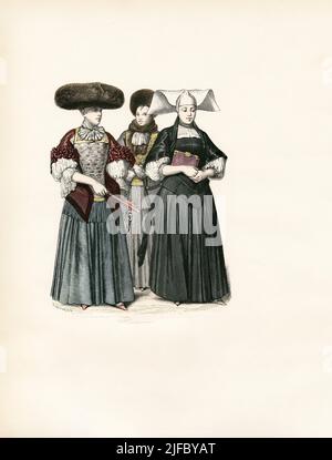 Femme à chapeau large, femme en robe d'hiver, femme à Mourning (1670), Strasbourg, 17th siècle, Illustration, l'histoire du costume, Braun & Schneider, Munich, Allemagne, 1861-1880 Banque D'Images
