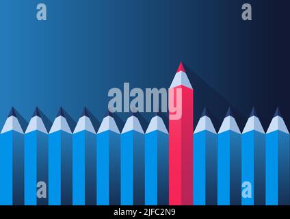Illustration vectorielle d'une ligne de crayons bleus et d'un crayon rouge. Concept d'entreprise pour l'idéation, la créativité, le brainstorming, la réduction des coûts et la récession Illustration de Vecteur