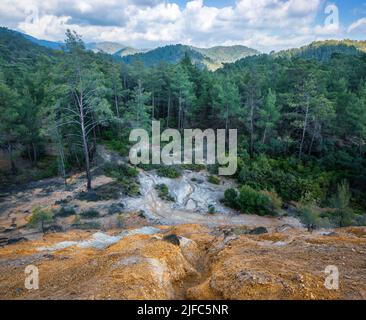 Forêt polluée par des produits chimiques de la mine de pyrite abandonnée. Pins qui poussent au-dessus des résidus miniers dans la forêt de Paphos, à Chypre Banque D'Images