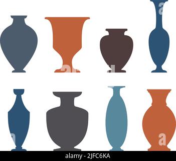 Ensemble de silhouettes pour vase et bouteille. Différents vases et récipients anciens en céramique. Diverses formes et formes de pots et d'amphores grecs anciens. Argile Illustration de Vecteur