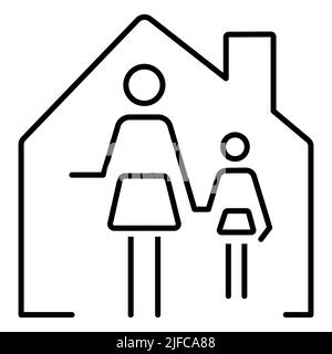 Mère et fille sur l'icône de la ligne de maison. Concept de famille monoparentale. Illustration vectorielle plate Illustration de Vecteur
