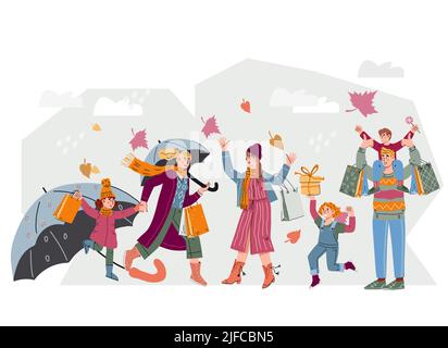 Personnes avec des parasols et des sacs à provisions en automne Vente, dessin animé plat illustration vectorielle isolée sur fond blanc. Soldes automne et dis Illustration de Vecteur