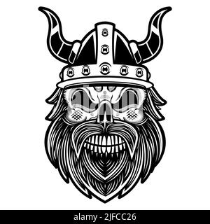 Tatouage viking, barbu de Scandinavie. Symbole de force, de courage. Illustration vectorielle de God Viking Odin avec Helmet, Armure sur le dos blanc Illustration de Vecteur