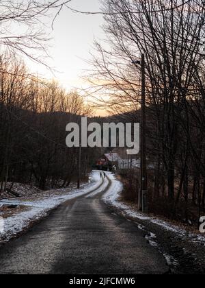 Un cliché vertical d'une route rurale étroite bordée d'arbres en hiver Banque D'Images