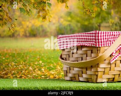 Sur une pelouse verte, un panier de pique-nique sur fond d'une belle nature automnale, des feuilles dorées sur de l'herbe verte. Pique-nique, loisirs en plein air, ai frais Banque D'Images