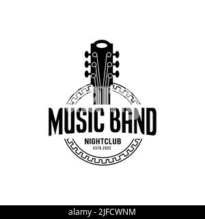 Musique classique et logo de groupe, guitare, logo vintage de club de musique, design de bannière de ruban rétro Illustration de Vecteur