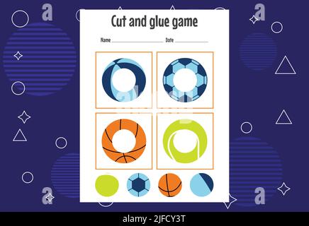 Jeu de coupe et de colle pour les enfants. Pratique de coupe pour les présélectionneurs. Jeu de papier d'éducation pour les enfants Illustration de Vecteur