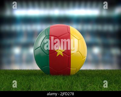 Ballon de football drapeau camerounais sur un terrain de football. 3d illustration. Banque D'Images