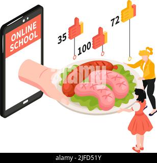 Composition isométrique de l'école de cuisine en ligne avec saucisses pour smartphone sur plaque et personnages humains 3D illustration vectorielle Illustration de Vecteur