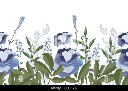 Motif fleuri vectoriel sans couture, bordure. Design horizontal panoramique avec fleurs et herbes bleues sur fond blanc. Illustration de Vecteur