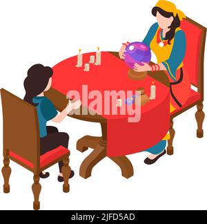 Icône de fortune avec client et tzigane utilisant des cartes de tarot de boule de cristal runes illustration de vecteur isométrique Illustration de Vecteur