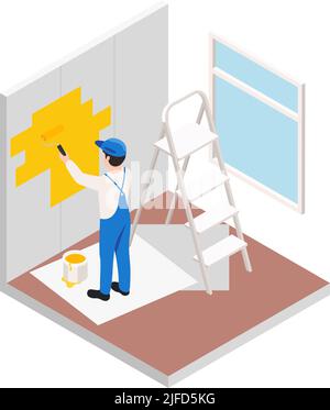 Travaux de réparation de rénovation composition isométrique avec caractère de repairman peinture mur en jaune vecteur illustration Illustration de Vecteur